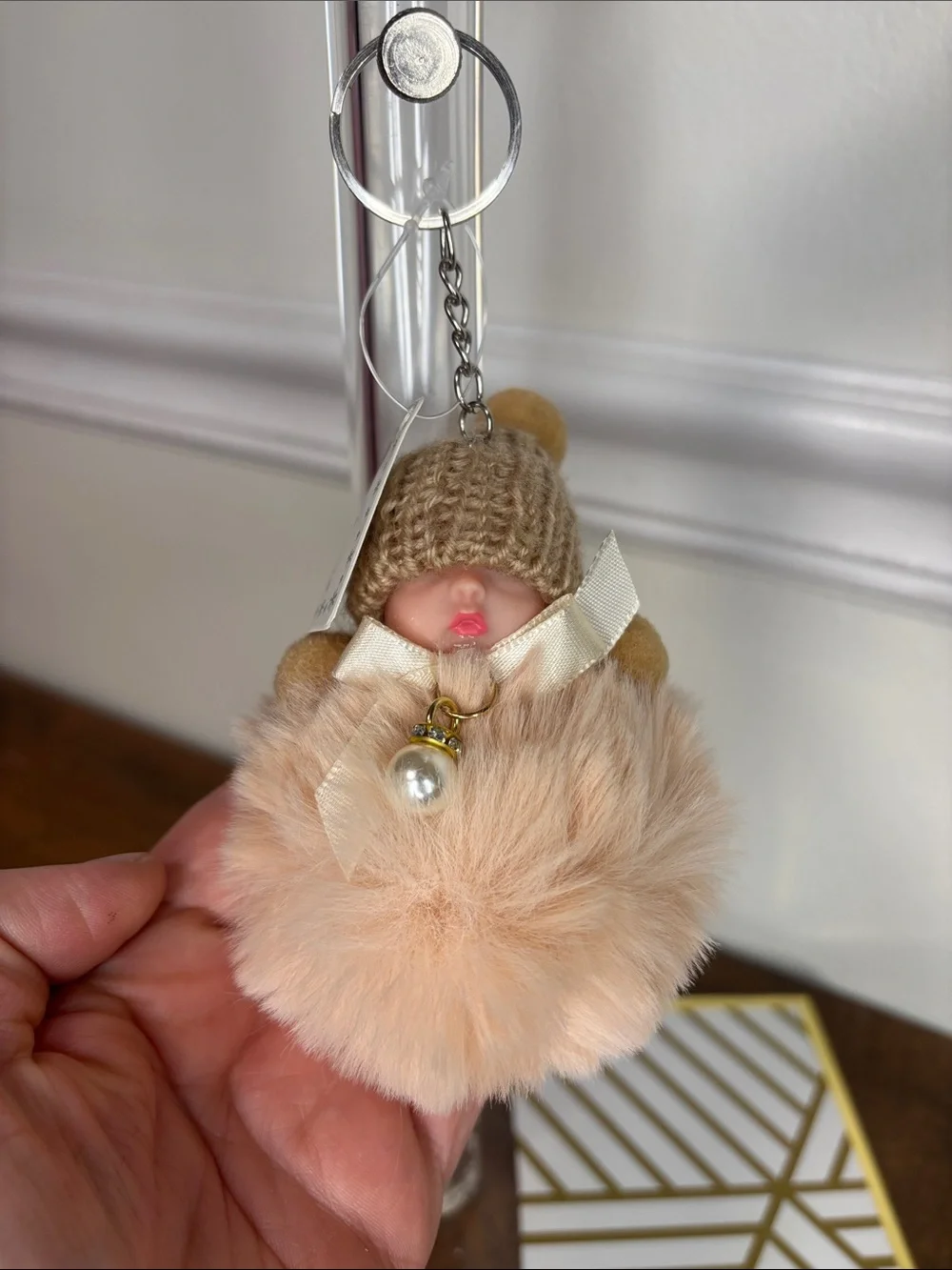 Sleeping Baby Plush Pom-Pom Keychain/Bag Charm Soft Blush Pink